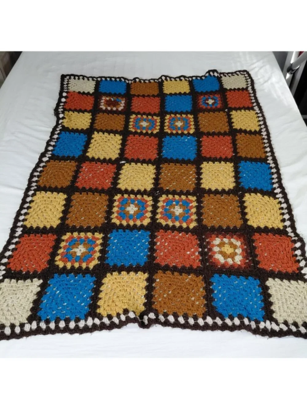 Handmade Crochet Afghan Blanket Throw 57x40 Brown Blue Orange Granny Square